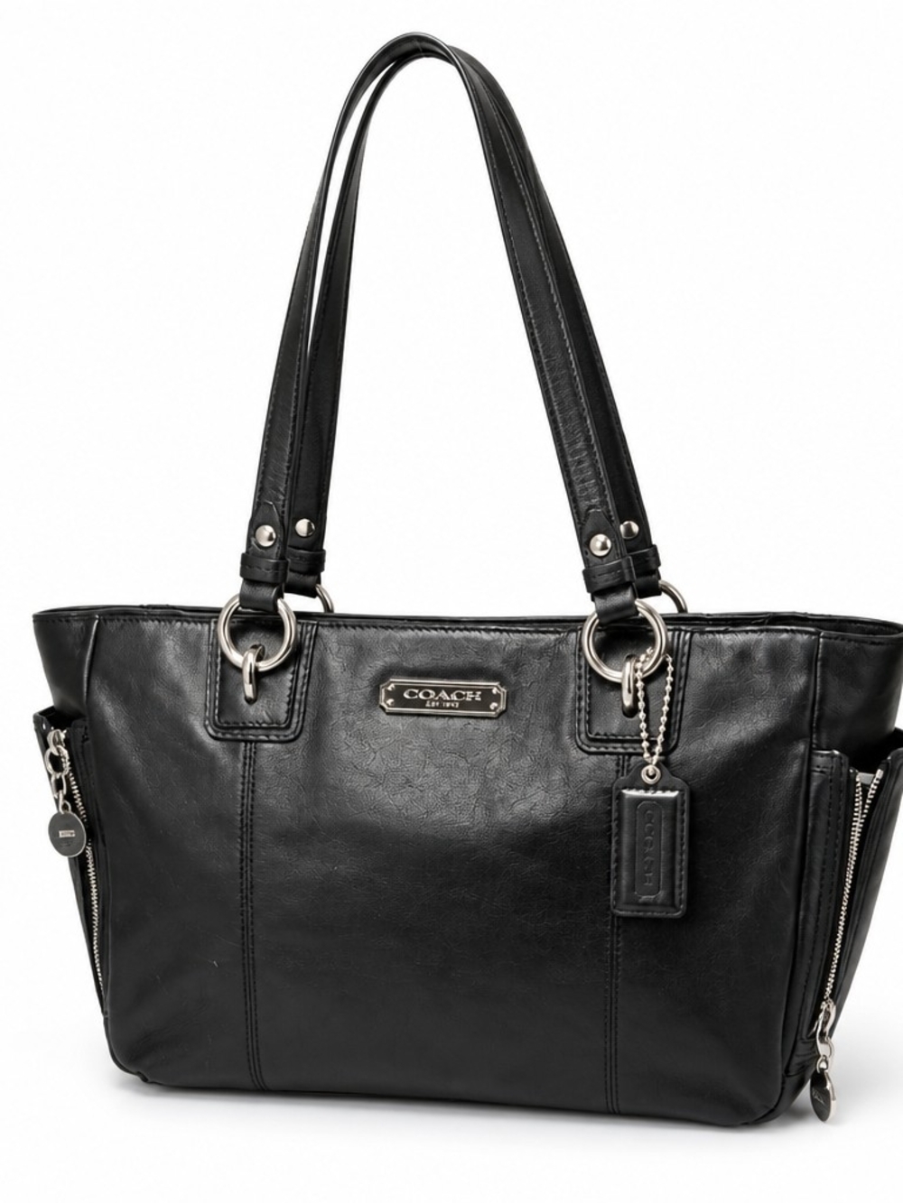 COACH Charlie Black Leather Tote Bag with Signature Plaque